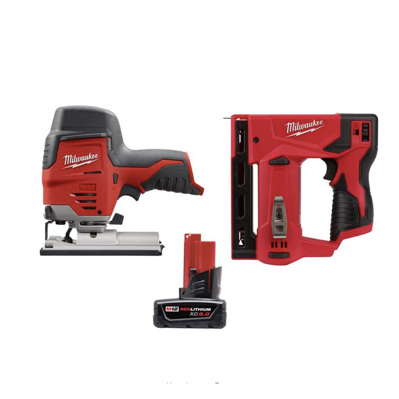 Milwaukee M12 12V Lithium-Ion Cordless Jig Saw With M12 3/8 in. Crown Stapler And 6.0 Ah XC Battery Pack