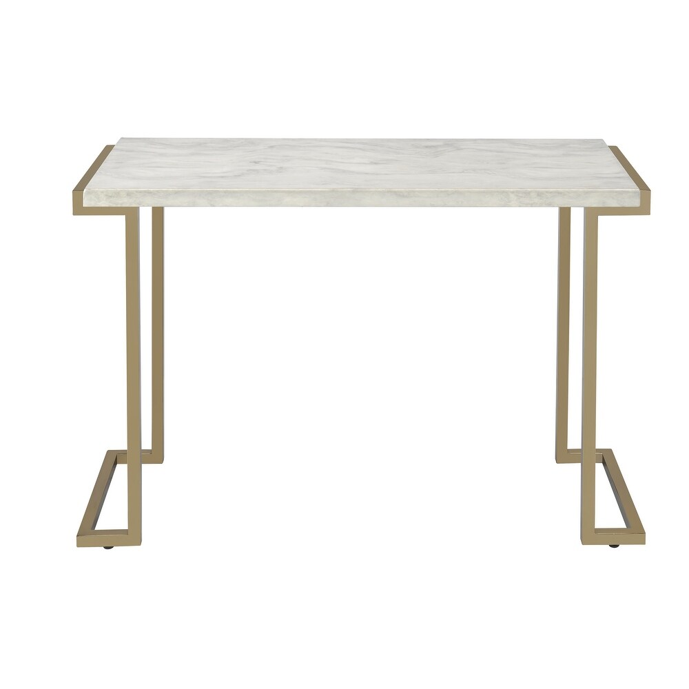 Contemporary Metal Frame Sofa Table with Faux Marble Top  White and Gold   30 H x 18 W x 44 L Inches