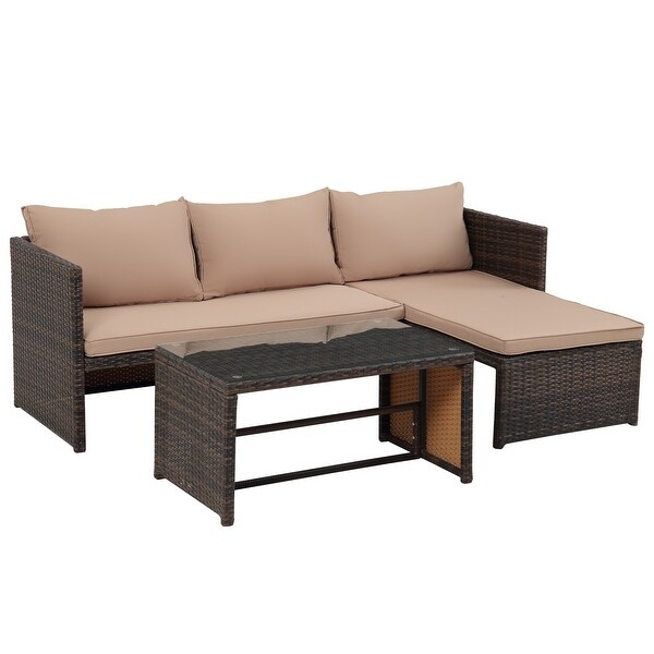 3 Pieces Patio Conversation Set，All Weather Outdoor PE Rattan Wicker Furniture Set with Cushions，Tempered Glass Coffee Table