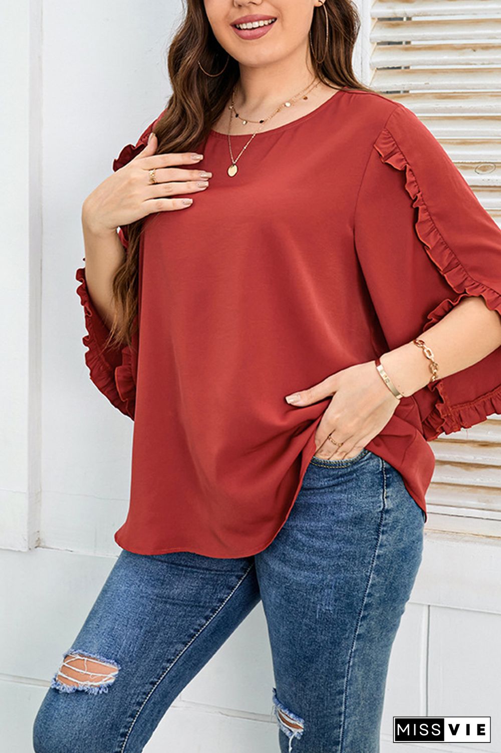 Red Split Flare Ruffle Sleeves Plus Size Top