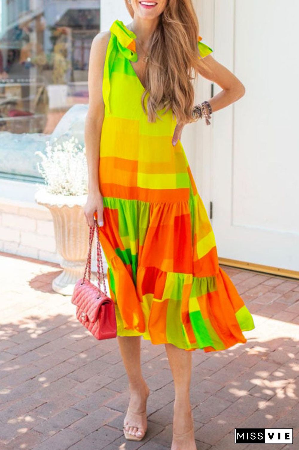 Fashion Street Print Split Joint V Neck A Line Dresses