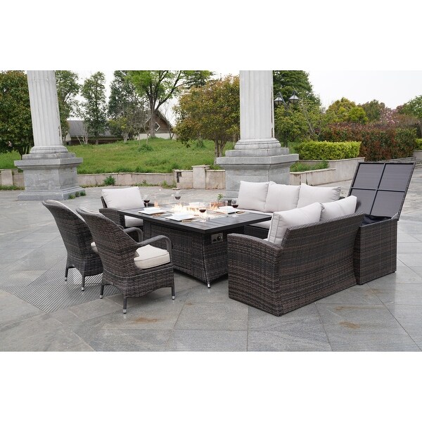 7Piece Patio Rattan Sofa Set with Alum Dining Table and Armchairs