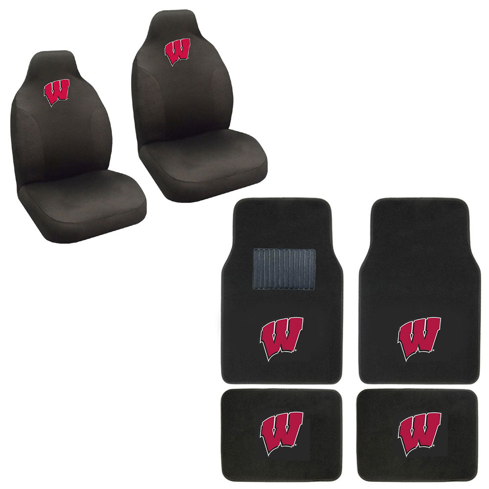 Wisconsin Badgers 4 Carpet Floor Mats And 2 Front Seat Covers