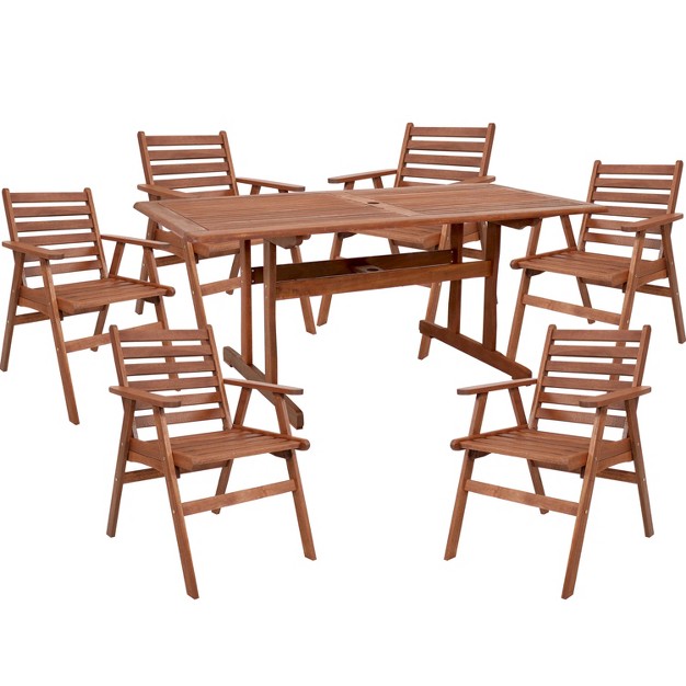 Sunnydaze Outdoor Meranti Wood With Teak Oil Finish Patio Family Dining Table And Chairs Set Brown 7pc