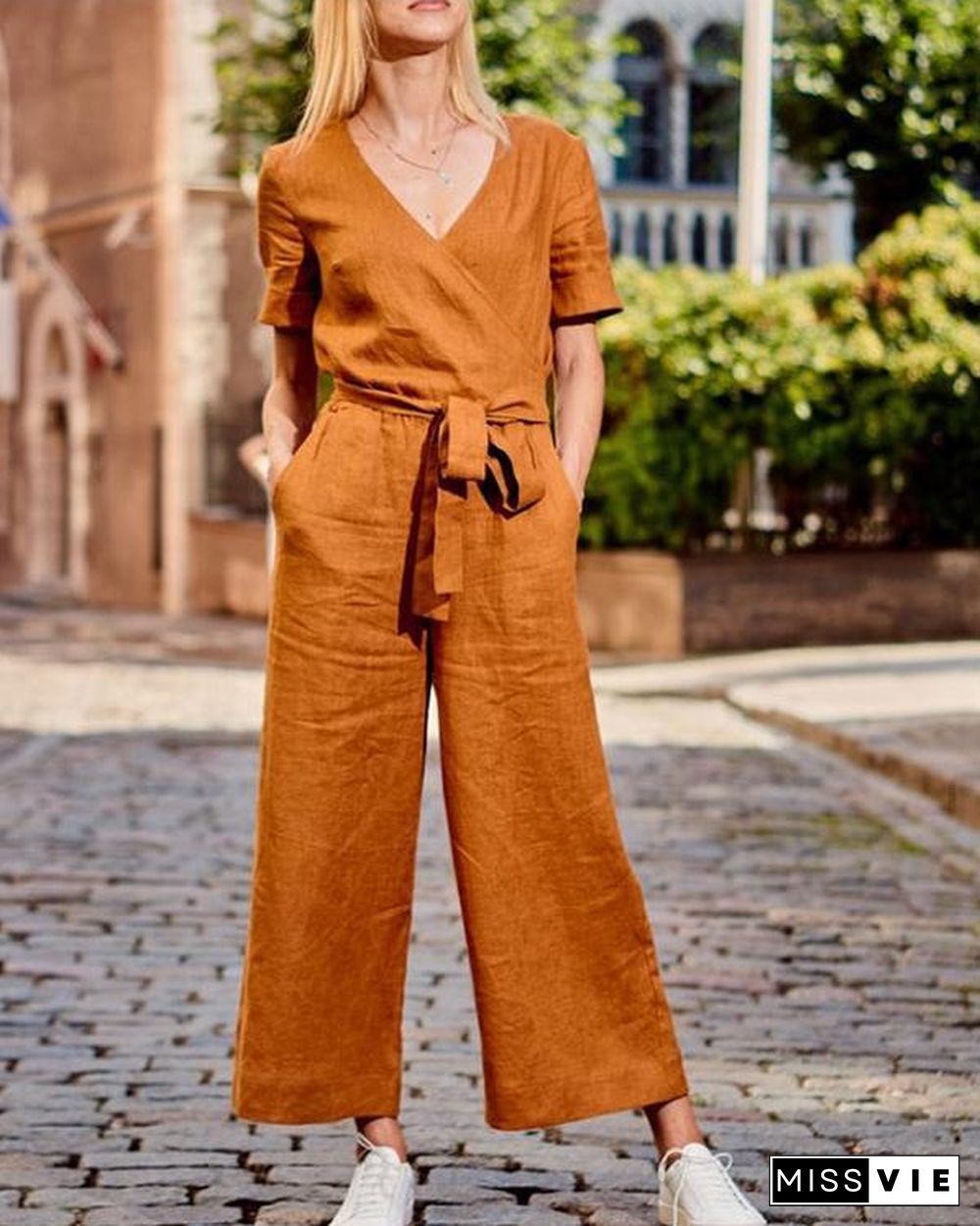 Paneled Solid Cross Front V-neck Casual Jumpsuit