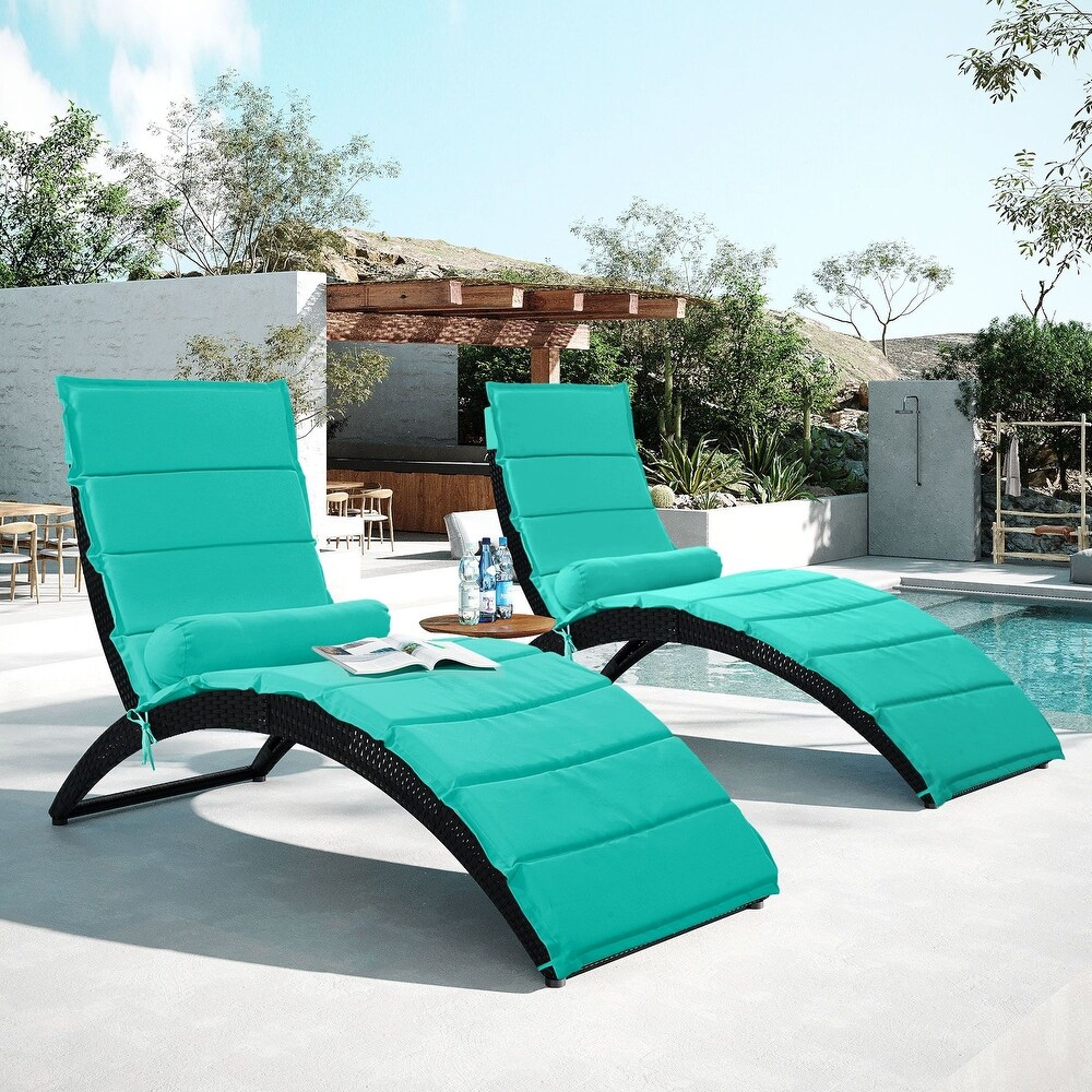 Black Wicker Sun Lounger  PE Rattan Foldable Chaise Lounger with Removable Turquoise Cushion and Bolster Pillow(2 Pack)