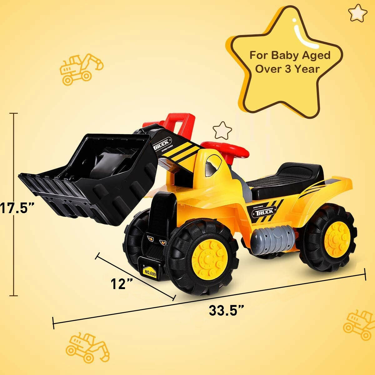 Kids Ride On Construction Bulldozer, Outdoor Digger Scooper Pulling Cart