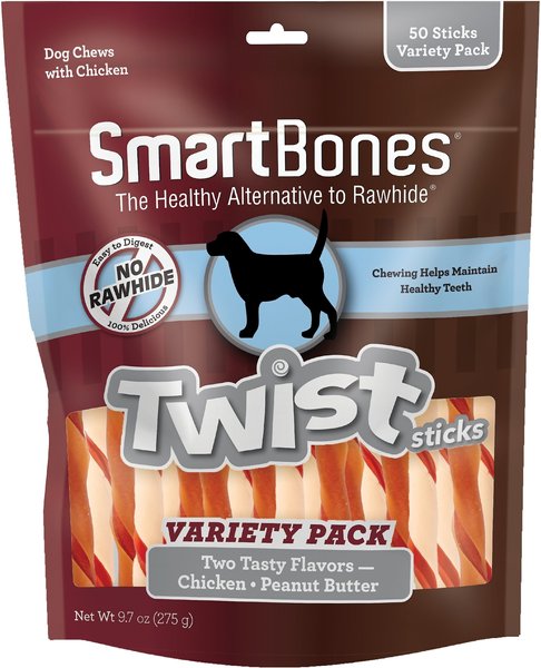 SmartBones Twist Sticks Variety Pack Real Chicken and Peanut Butter Flavor Dog Treats， 50 count