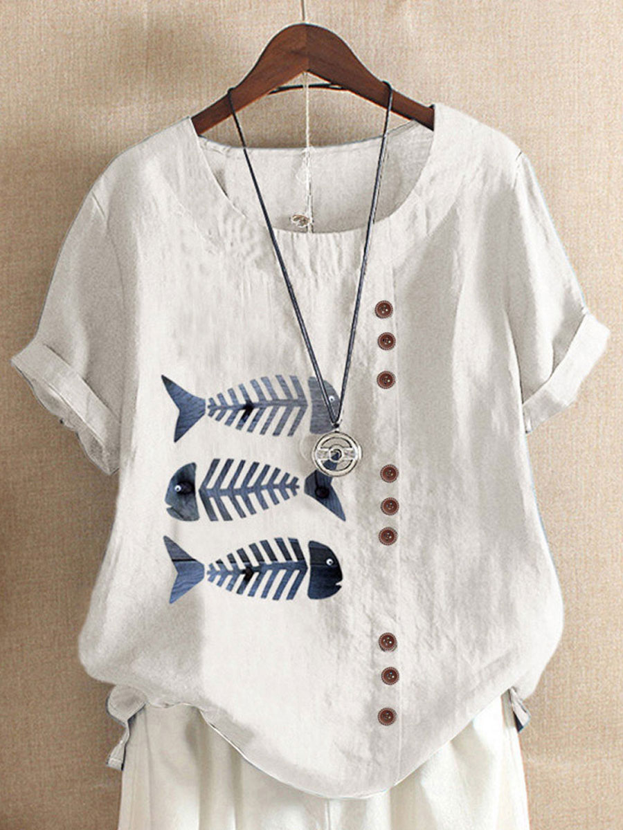 Round Neck Casual Loose Fish Print Short Sleeve Blouse