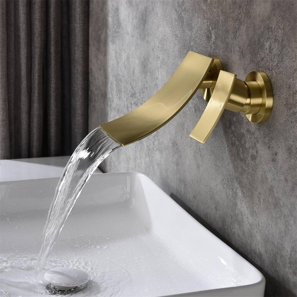 FLG Single-Handle Wall Mounted Bathroom Faucet Waterfall Sink Faucets in Brushed Gold DD-0016-BG