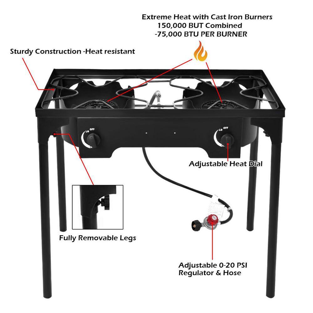 Costway 150000-BTU Cast Iron Double Burner Gas Propane Cooker Outdoor Camping Picnic Stove Stand BBQ Grill OP3078