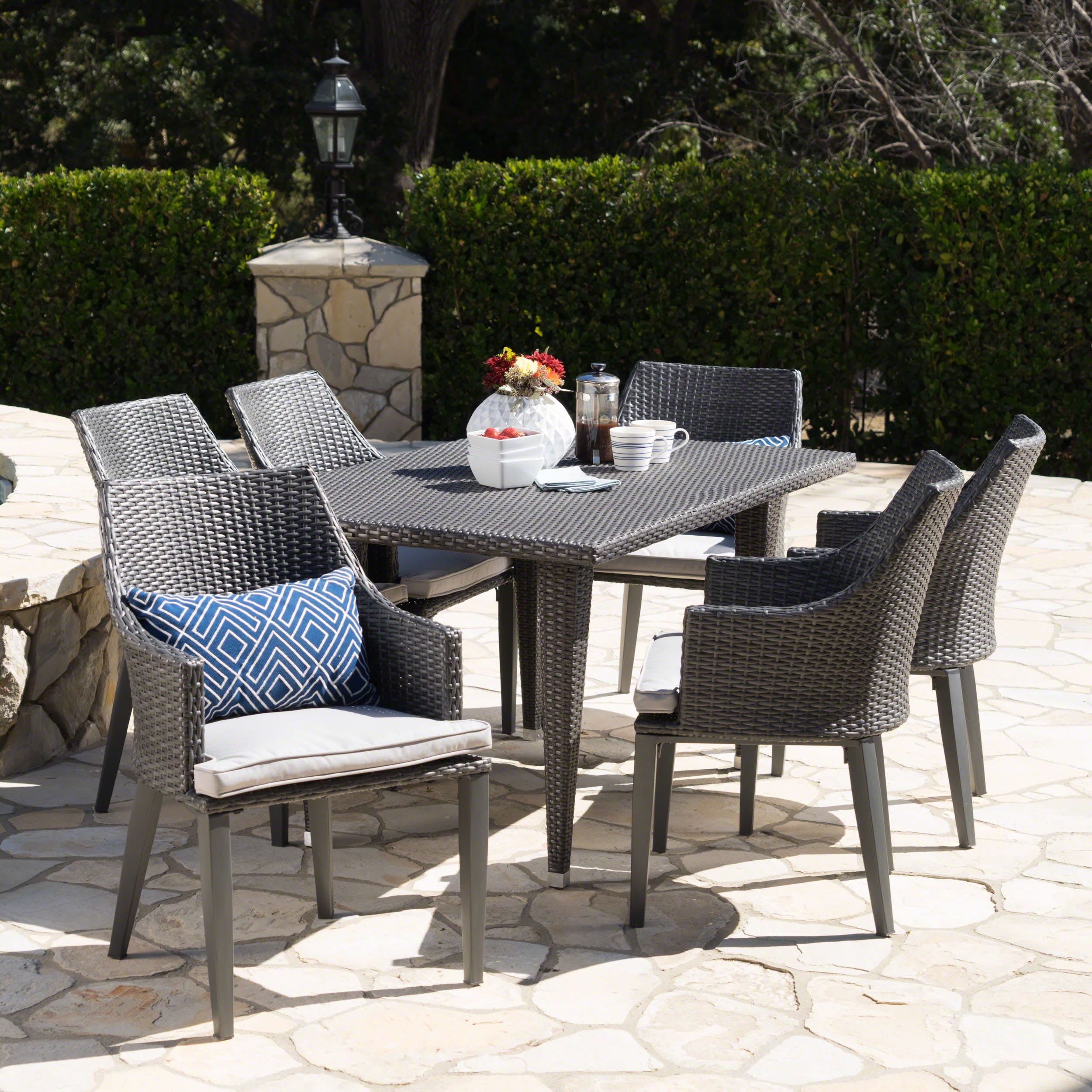 Lenny Outdoor 7 Piece Gray Wicker Dining Set with Water Resistant Cushions