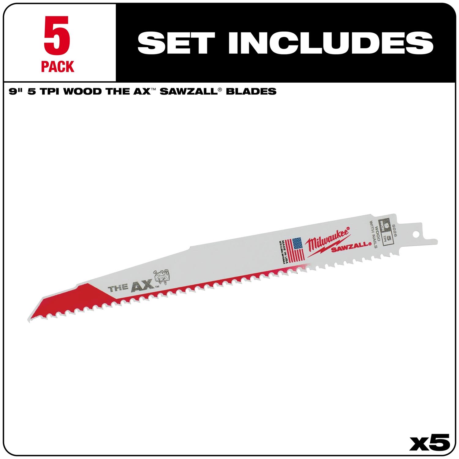 MW The AX 9 in. Bi-Metal Wood demolition Reciprocating Saw Blade 5 TPI 5 pk