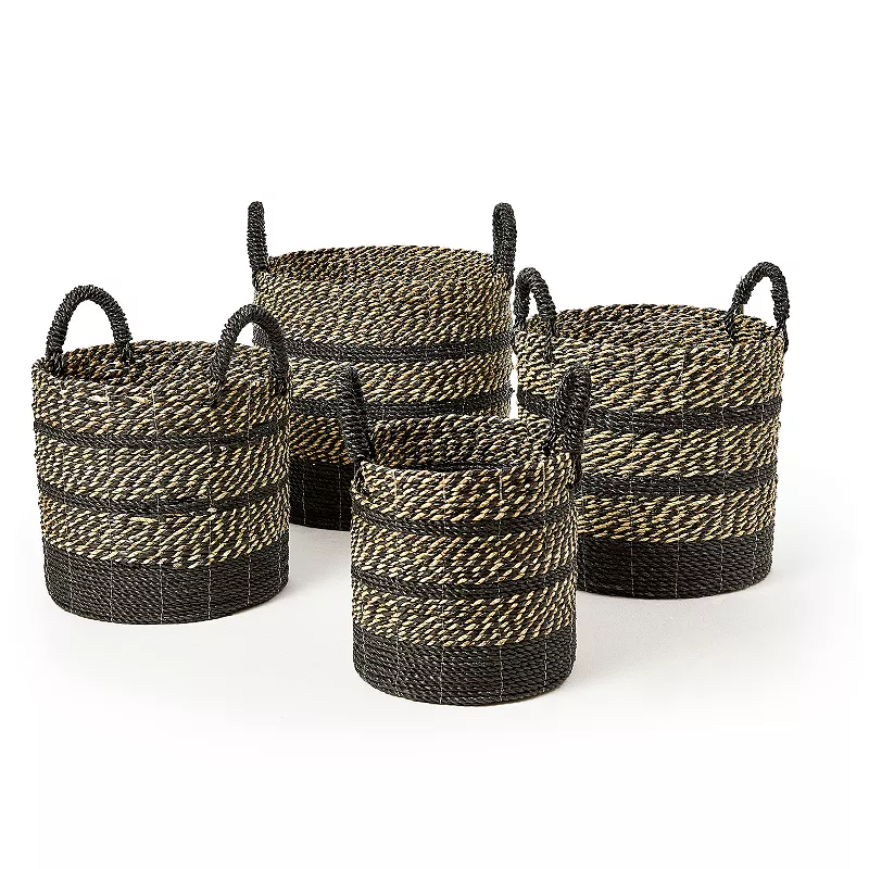 Saddle River Black Seagrass and Raffia Basket 4-piece Set