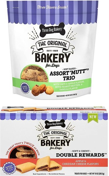 Three Dog Bakery Assortmutt and Double Rewards Variety Pack Dog Treats， 58-oz pack