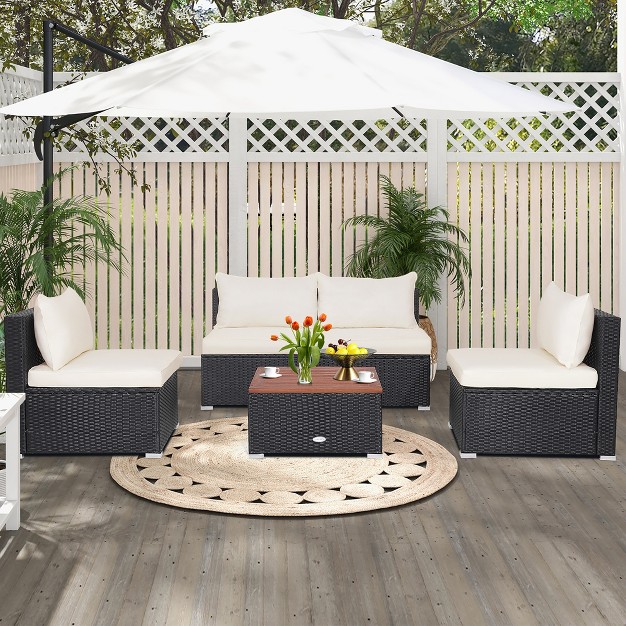 Costway 5pcs Patio Rattan Furniture Set Acacia Wood Table Top Sofa Cushion Deck