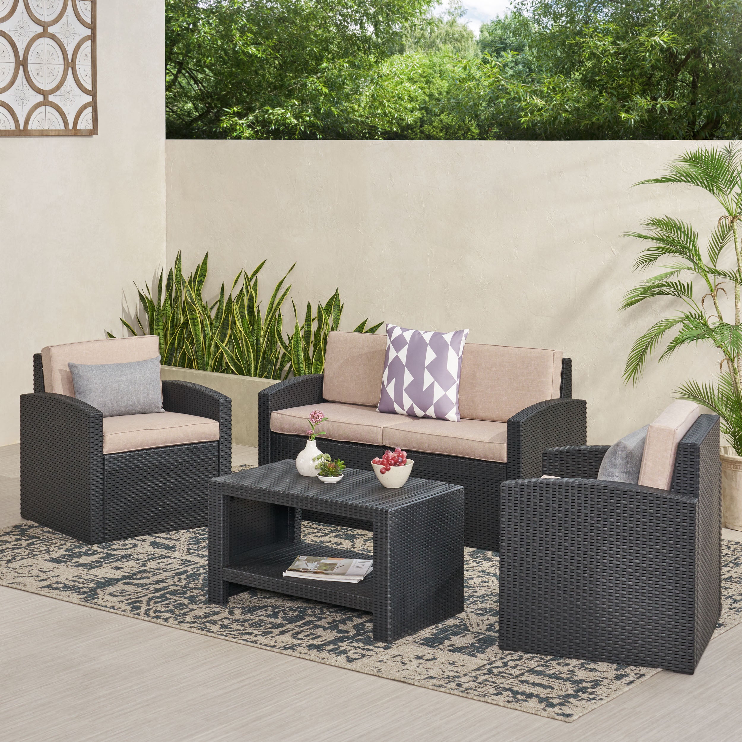 Kyara Outdoor Faux Wicker 4 Seater Chat Set with Cushions