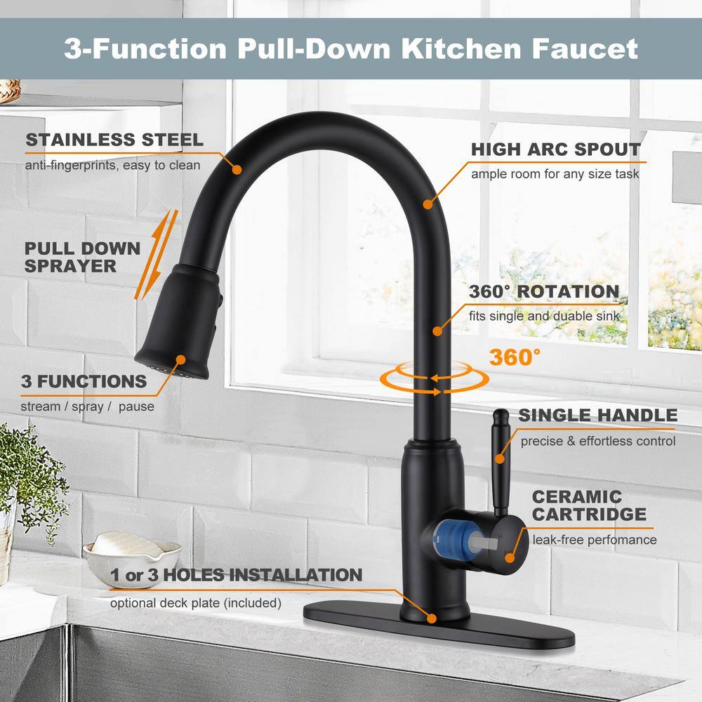 WOWOW Single Handle Deck Mount Gooseneck Pull Down Sprayer Kitchen Faucet with Deckplate Included in Matte Black 2310101B-AMUS