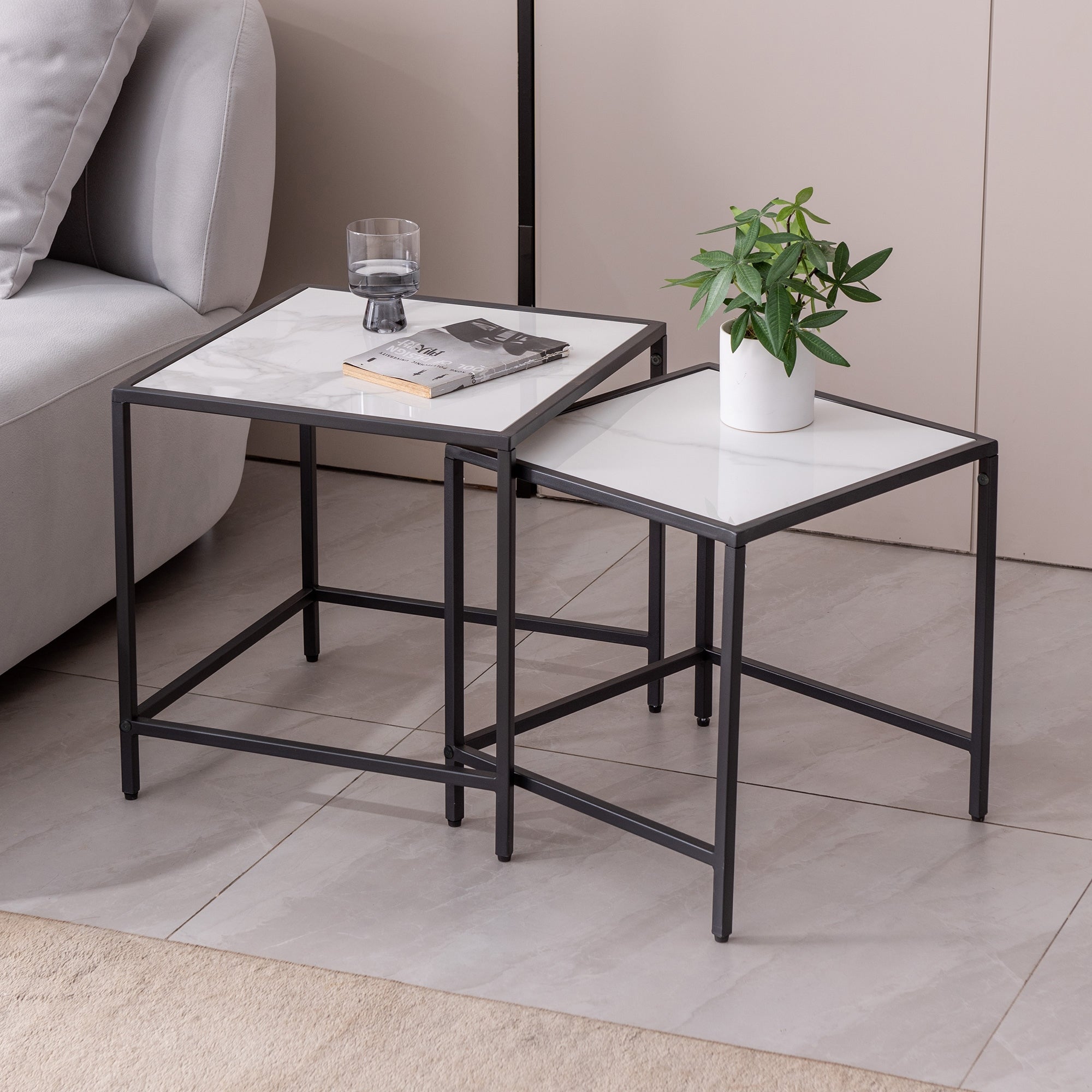 Nesting End/Side Table，Night Stand 2-Piece Set，Square Sintered Stone Top with Black Metal Frame，End Tables