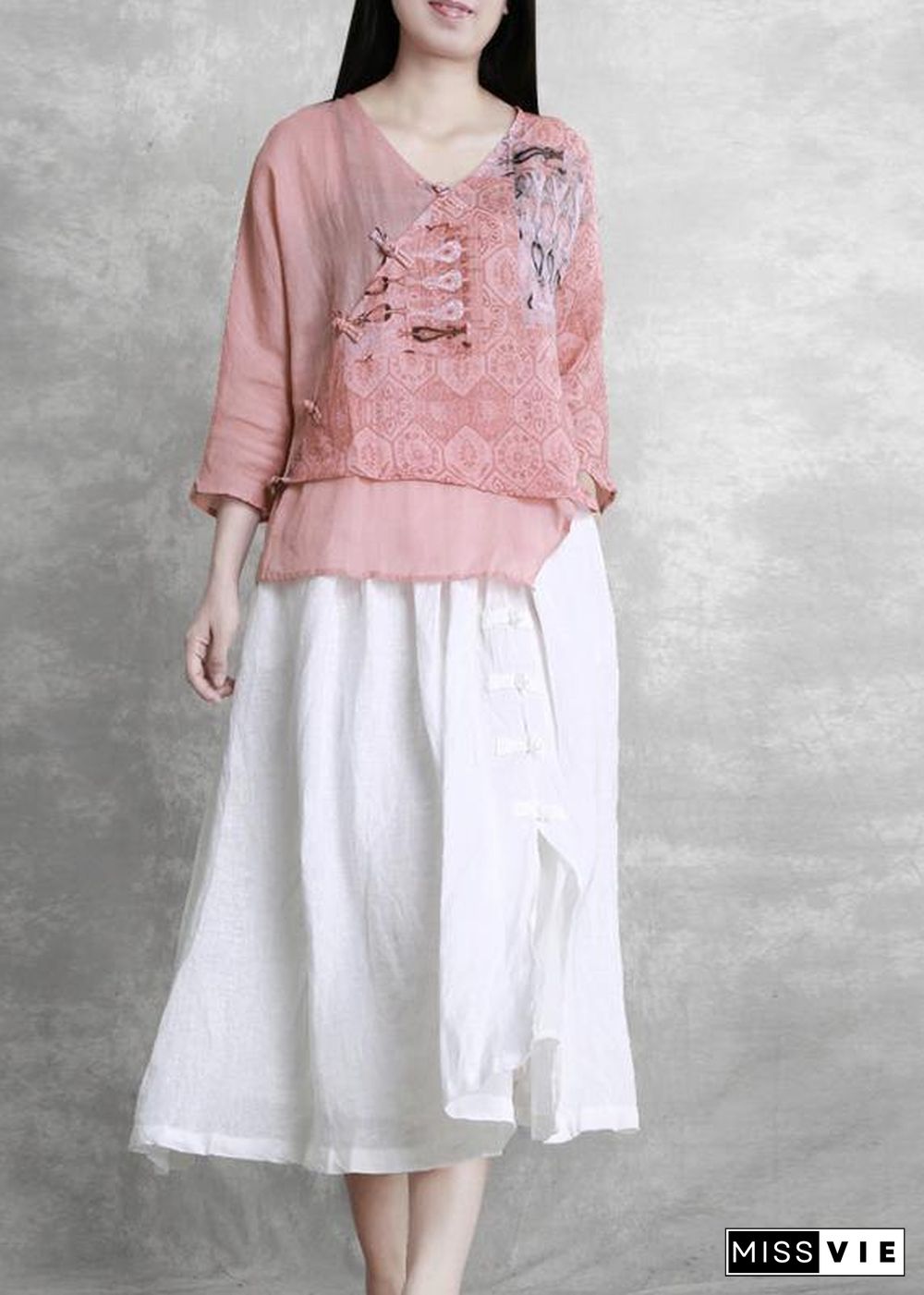 French Grey Elastic Waist Oriental Summer Linen Skirt