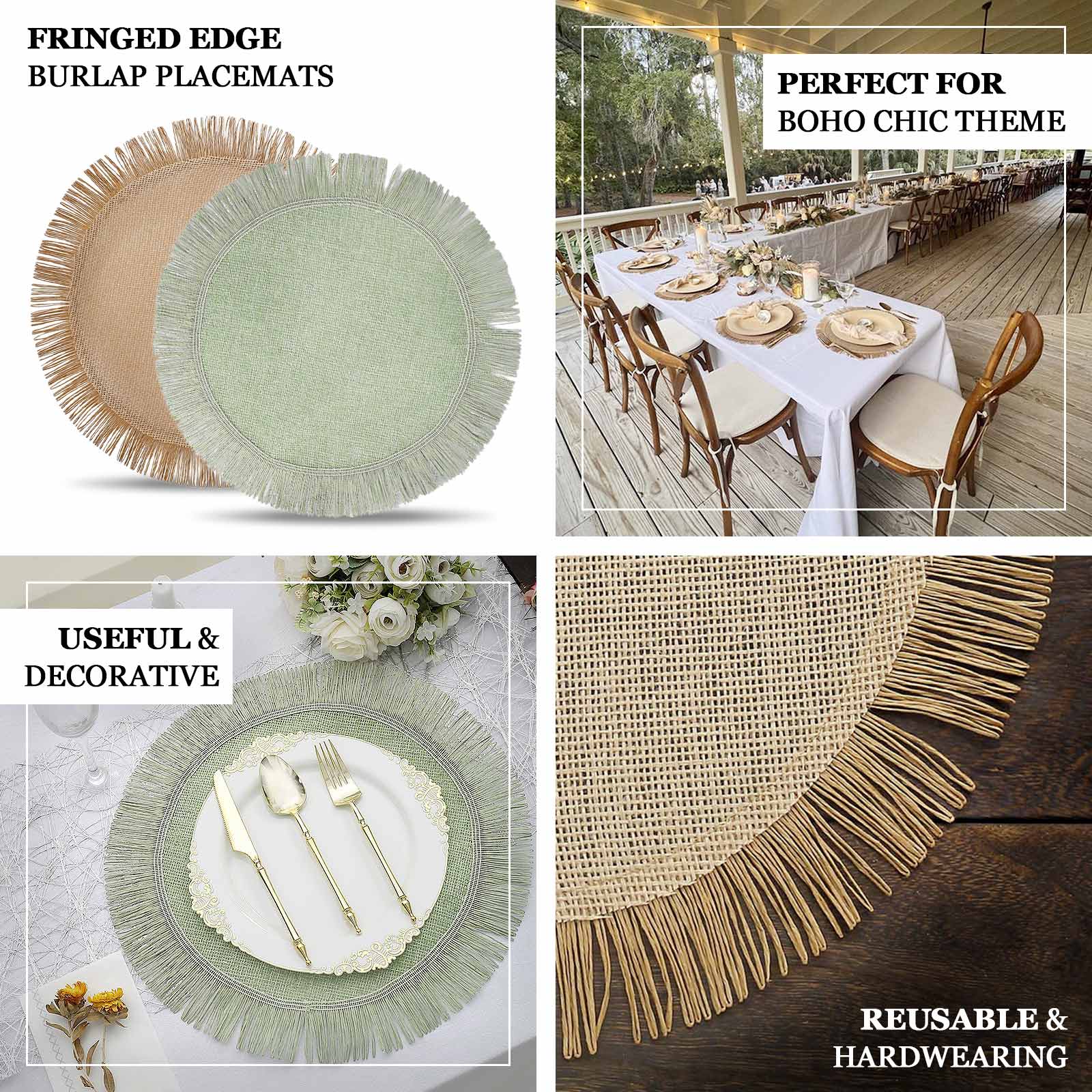 4 Pack Natural Jute Boho Chic Fringe Edge Table Placemats, Rustic Farmhouse Burlap Tassel Dining Table Mats 16