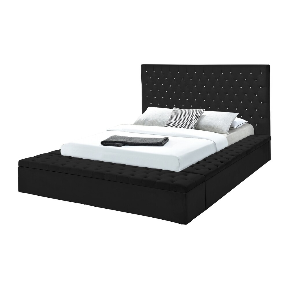 Titanic Furniture Folier Black Velvet Tufted Storage Bed with Faux Diamonds