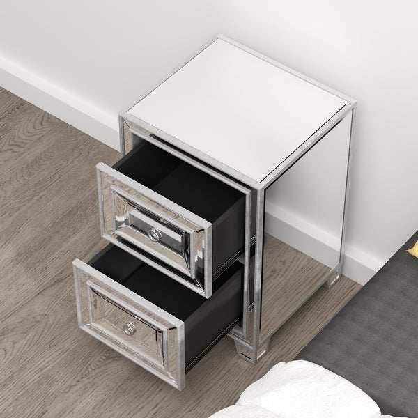 Mirrored Nightstand with 2 Drawers， Silver Side Table， Antique Painted End Table for Bedroom Living Room - - 37569442