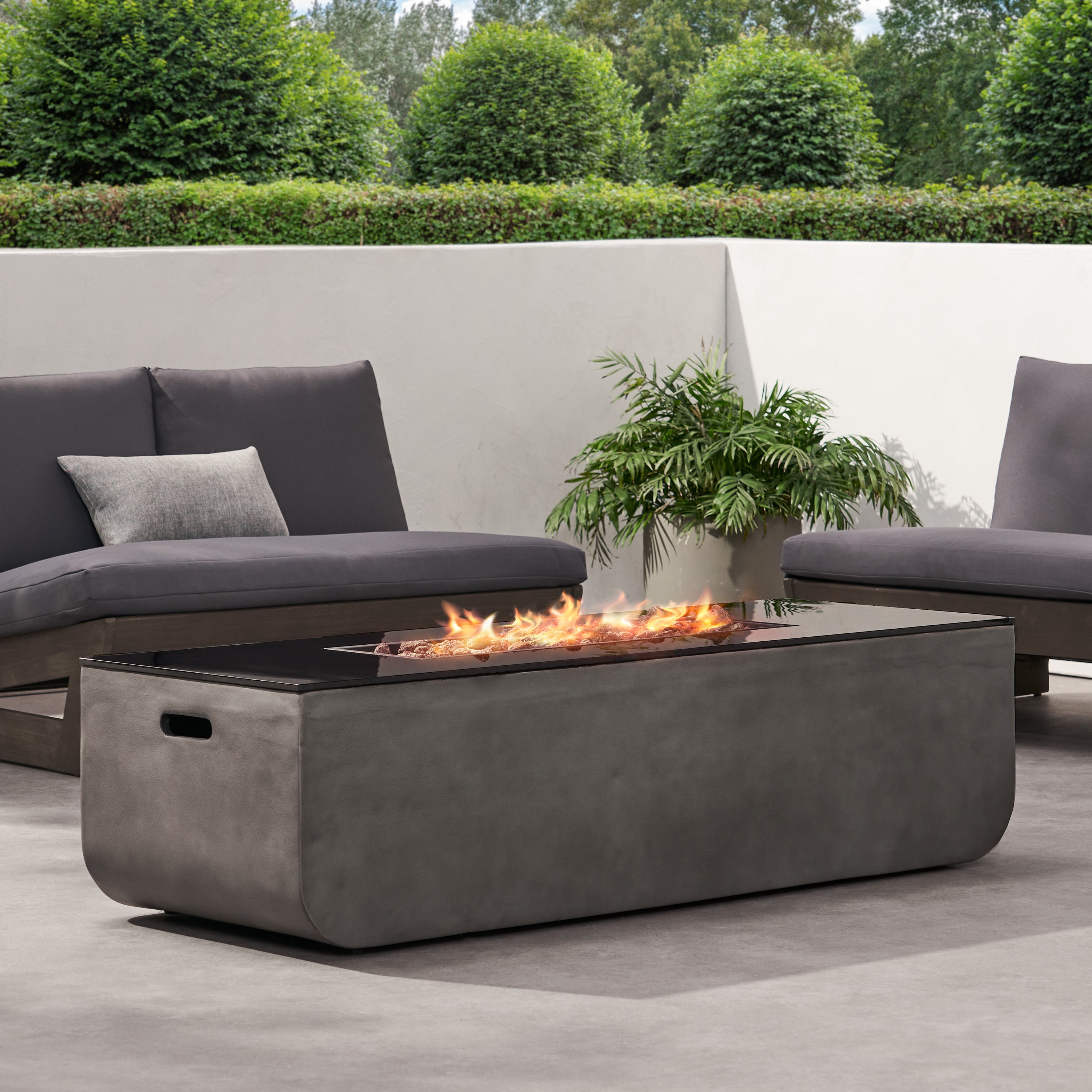 Riga Outdoor 50,000 BTU Lightweight Concrete and Ceramic Rectangular Fire Pit (No Tank Holder), Light Gray and Black