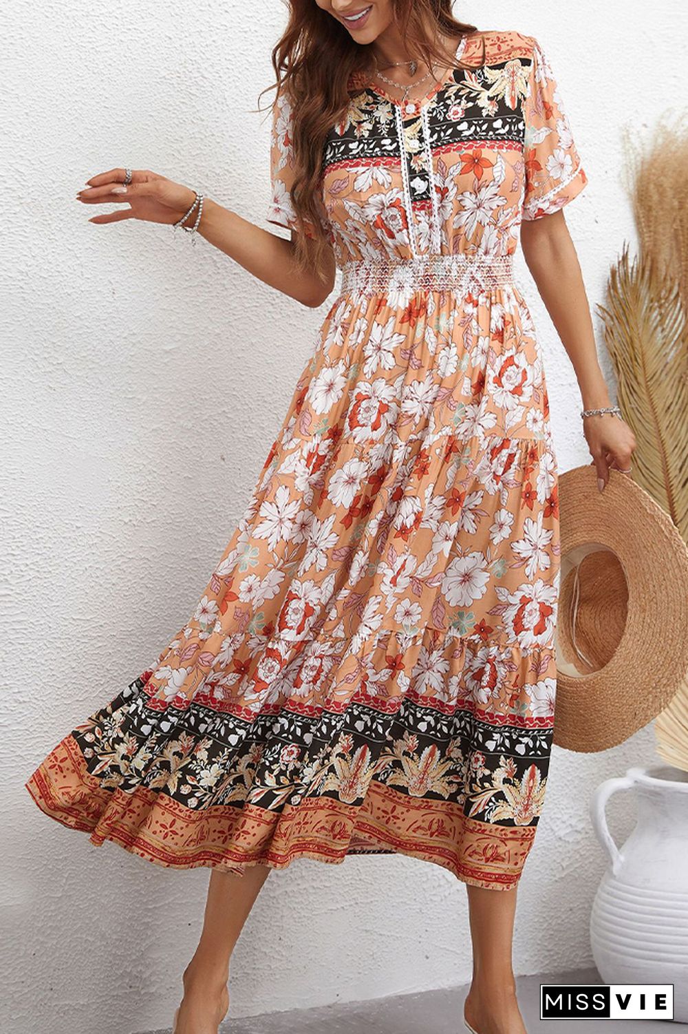 Bohemia Vintage Tiered Short Sleeve Flower Dress