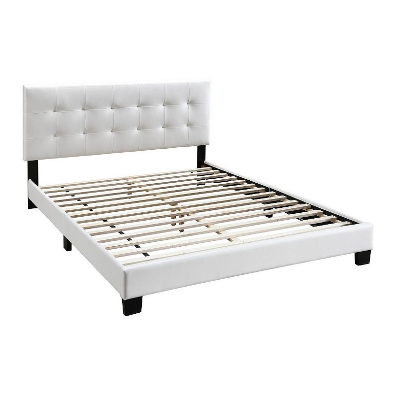 Queen Leatherette Bed with Checkered Tufted Headboard， White