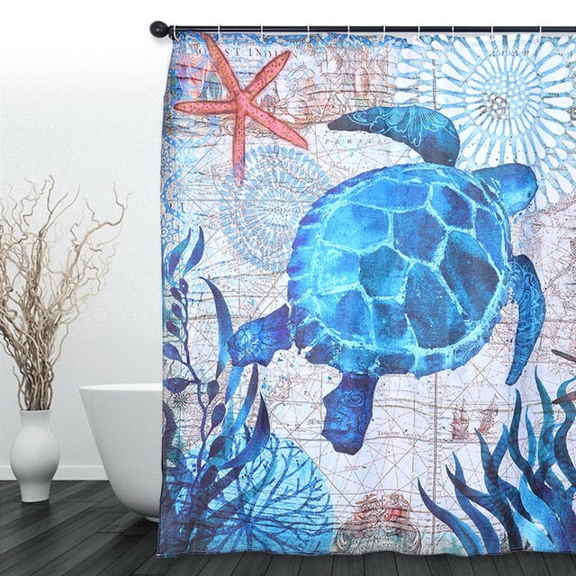 Sea Turtle Print Waterproof Shower Curtain Polyester Fabric Bath Curtain Octopus Washable Home Bath Decor Curtains With 12 Hooks