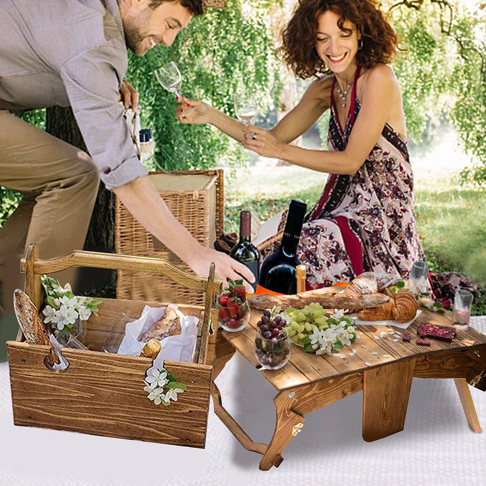 DTOWER Folding Picnic Basket Table Portable Wooden Picnic Table Collapsible Table for Lawn Beach Indoor Outdoors Garden Travel