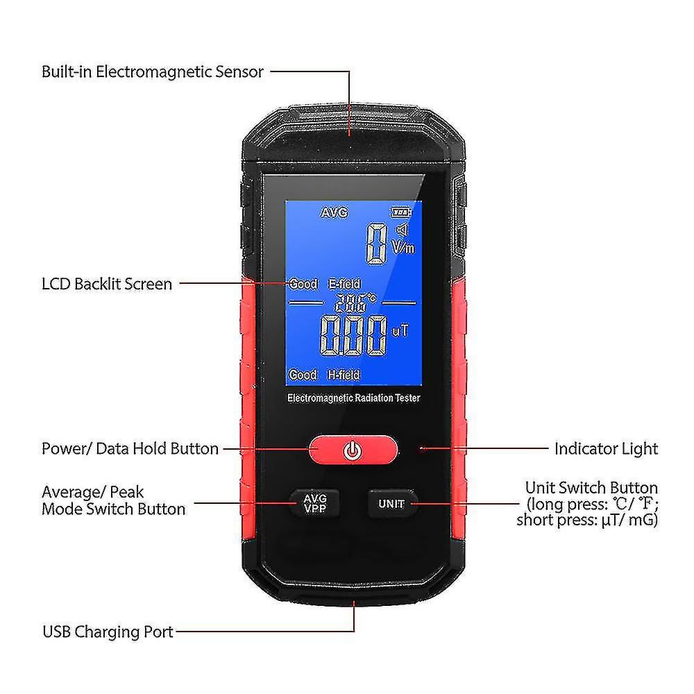 Digital Electromagnetic Radiation Tester Emf Meter Lcd Backlight Portable Electric Magnetic Field Radiation Detection Alarm Average/ Peak Mode Recharg