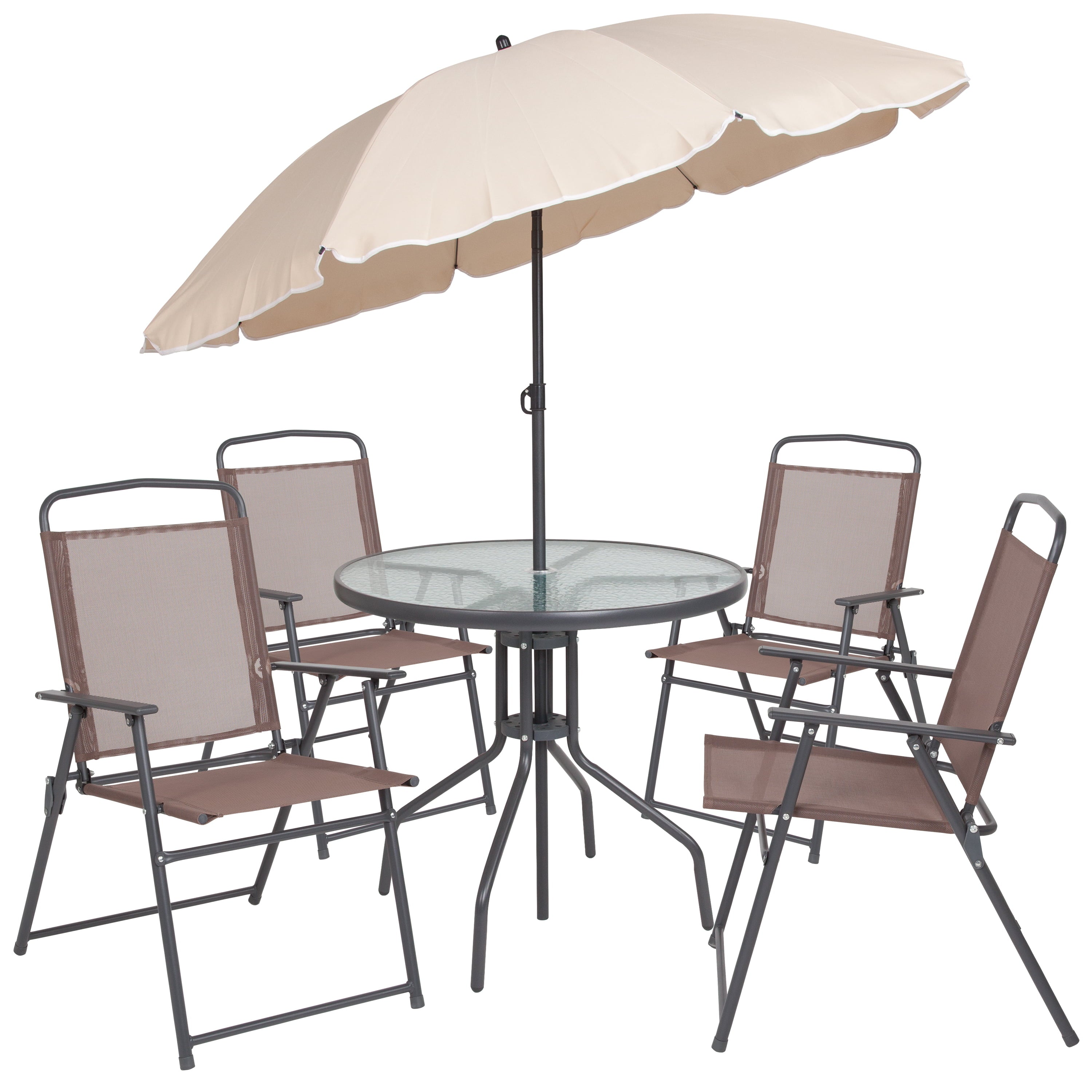 BizChair 6 Piece Brown Patio Garden Set with Umbrella Table and Set of 4 Folding Chairs