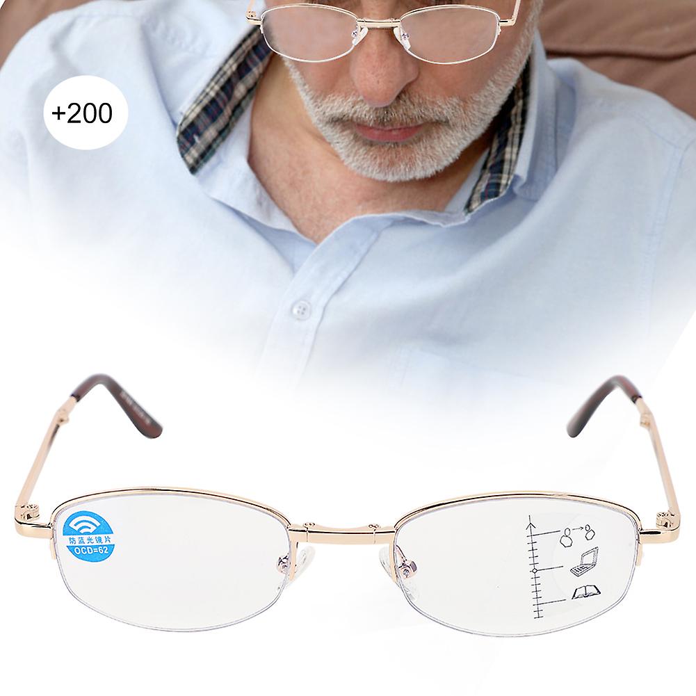 Multifocal Progressive Presbyopic Glasses Blue Light Blocking Reading Glasses For Men Women(+200 Gold Frame)