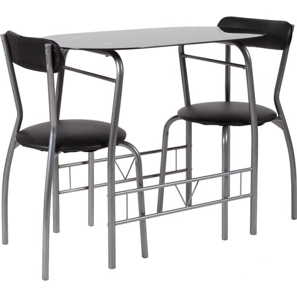 Sutton 3 Piece Space-Saver Bistro Set with Black Glass Top Table and Black Vinyl Padded Chairs