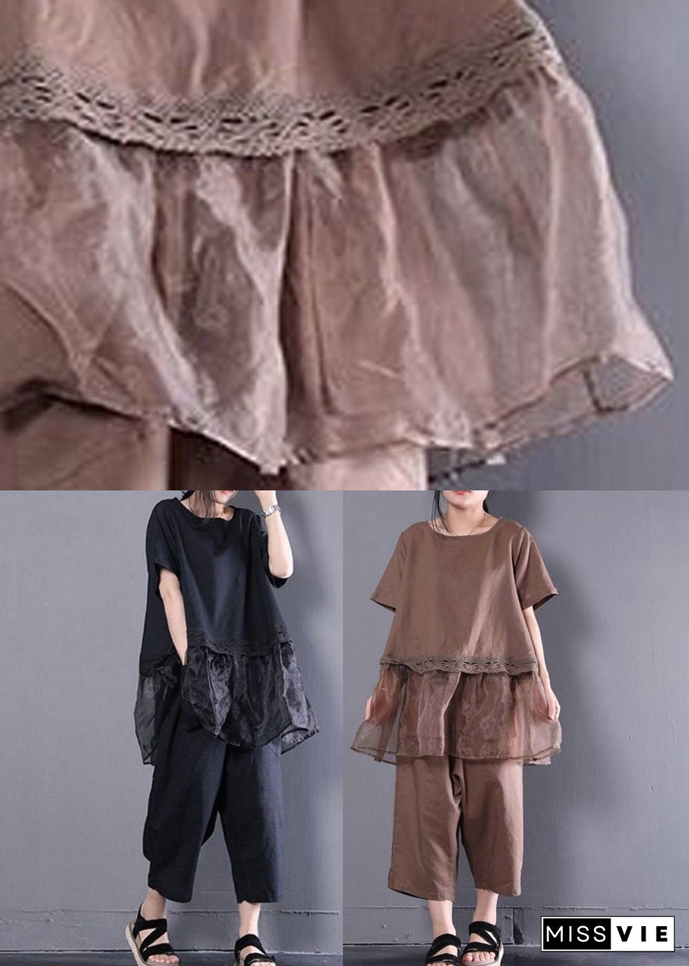 Loose Baggy Chocolate O-Neck Top And Crop Pants Two Pieces Set Summer