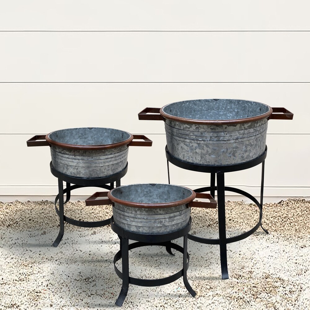21  18  and 16 Inch 3 Piece Round Tub Metal Planter Set with Stand in Galvanized Gray and Black Iron