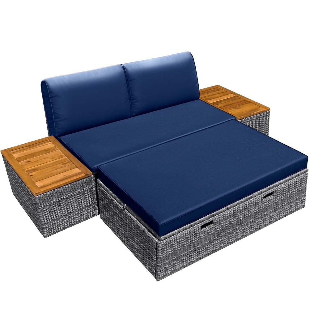 Furniwell Outdoor Daybed Patio Furniture Set Rattan Storage Conversation Set with Cushion and Side Table