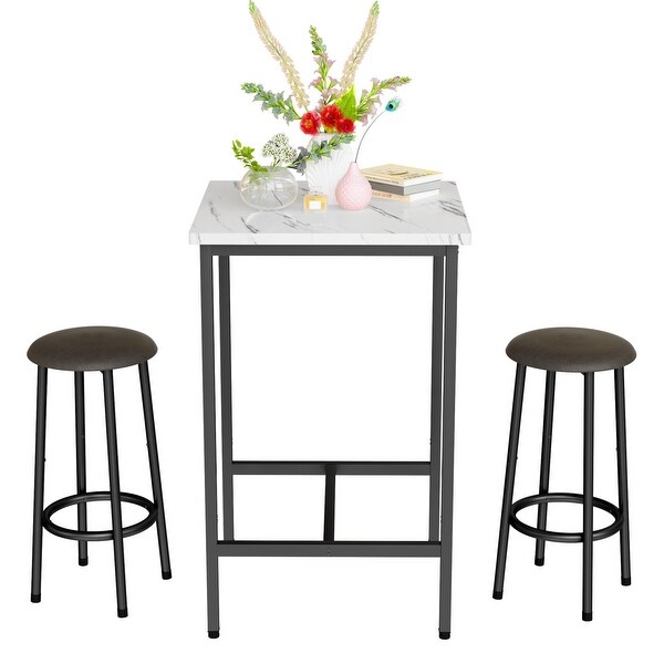 3 Piece Pub Dining Set for Kitchen Counter Height Bistro Set Faux Marble Table Top and Faux Leather Chairs