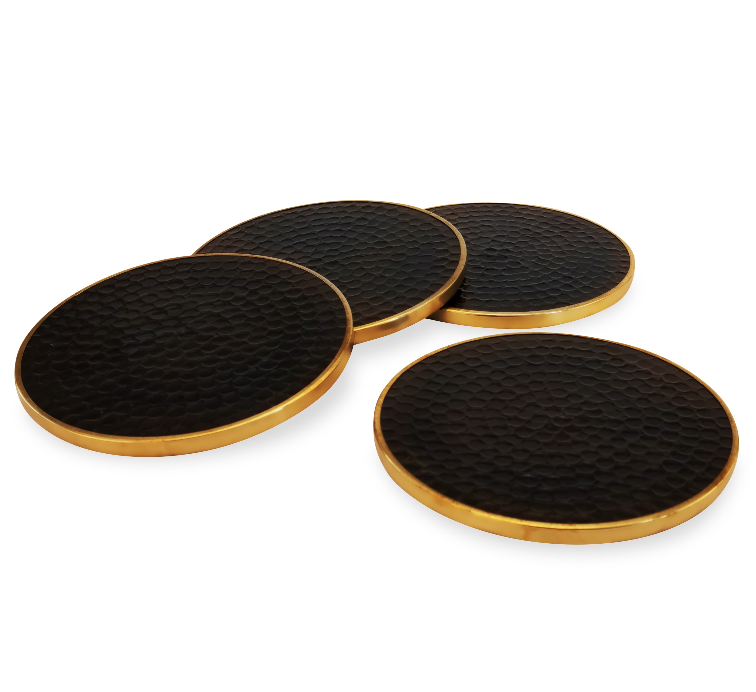 Set of 4 Coasters Hammered Black Effect for Table top Protection - Wood and Aluminum Coasters - Tea Coasters - Table Coasters - Drink Coasters - Housewarming Gift - Gold and Black Finish