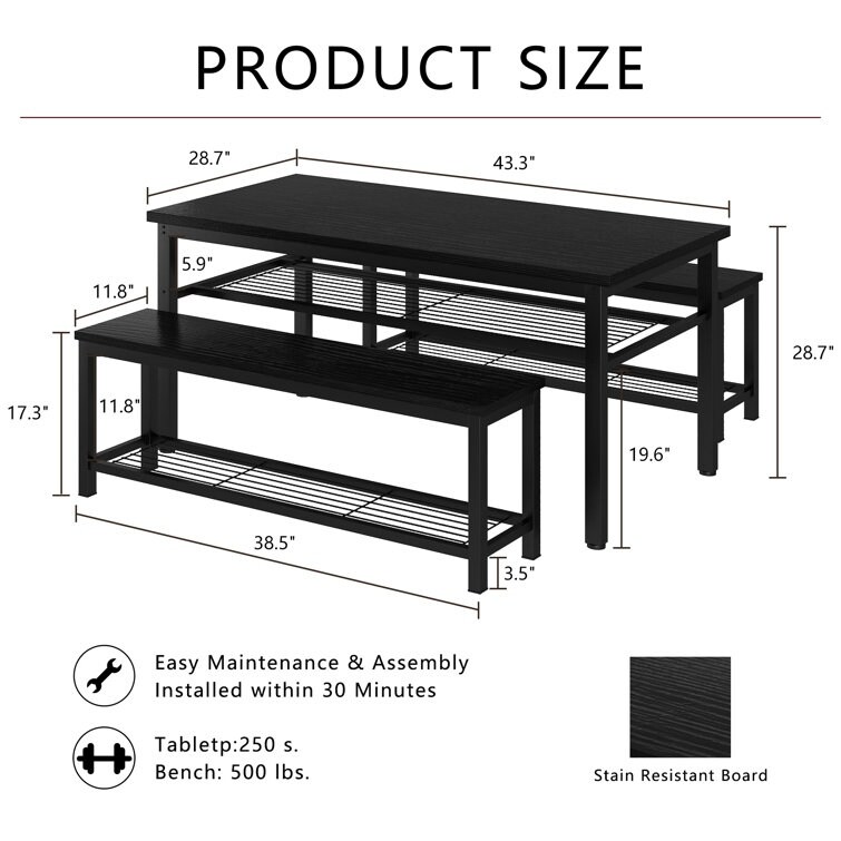 3 Piece Dining Table Set  4   Person Dining Set  Kitchen Dining Table with 2 Benches  Dining Room Table Set with Storage Rack