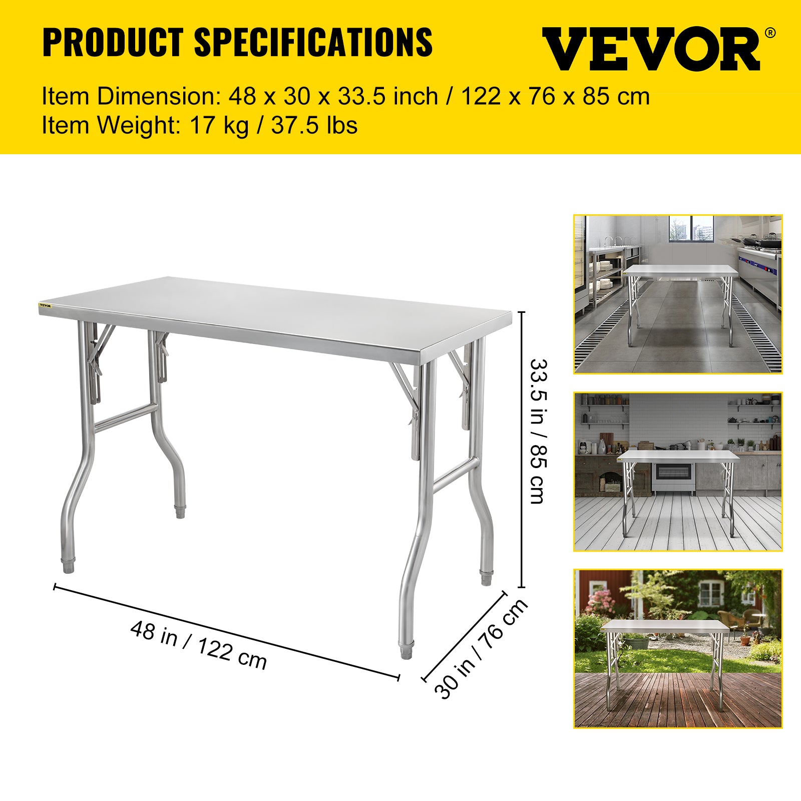 VEVOR Commercial Work Table Workstation 48 x 30 Inches Folding Commercial Prep Table， Heavy-Duty Stainless-Steel Folding Table with 661 lbs Load， Silver Stainless-Steel Kitchen Island