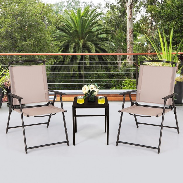 Costway 2 Pcs Patio Folding Sling Dining Chairs Armrests Steel Frame Outdoor Beige grey