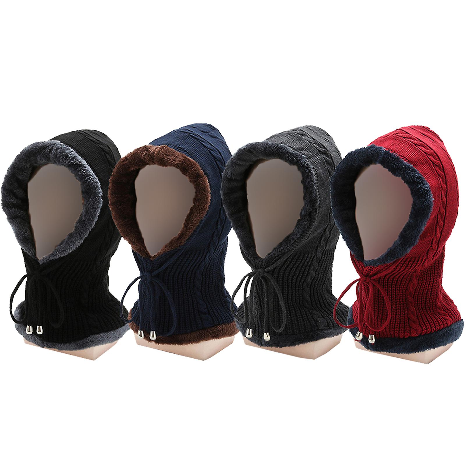 Men Women Winter Balaclava Warm Fleece Knitted Hat Windproof Drawstring Outdoor Cycling Neck Gaiter Black