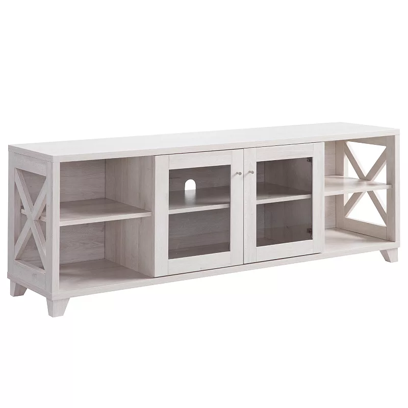 FC Design White Oak TV Stand with 4 Side Shevles and Center Transparent Cabinet