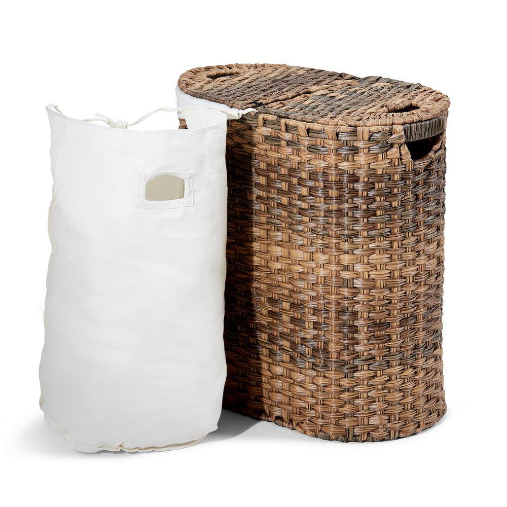 Seville Classics Mocha Hand-Woven Oval Double Laundry Hamper with Removable Liner WEB547