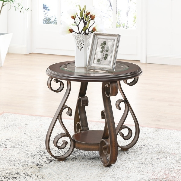 Oaks Aura Dark Brown French Country Coffee Table with Glass Table Top and Powder Coat Finish Metal Legs