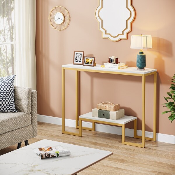 White/ Gold Faux Marble 2-Tier Console Accent Table with Open Storage Shelf， Mid -century Modern Entraway Table