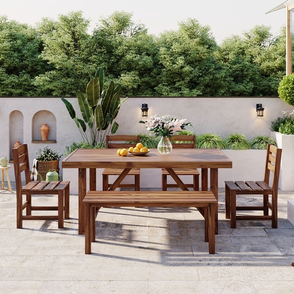 6Piece Patio Outdoor Acacia Wood Table and Chair Set With Bench